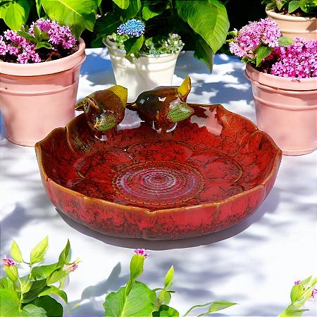 Petisqueira Vermelha Flor Com Pássaros em Cerâmica