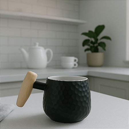 Caneca Com Cabo Preta em Cerâmica