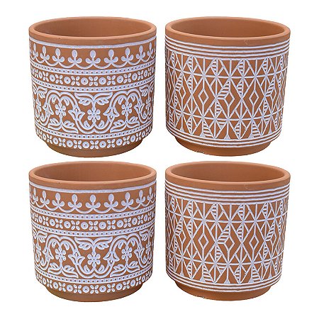 Jogo Com 4 Vasos Cement Laranja e Branco em Cerâmica