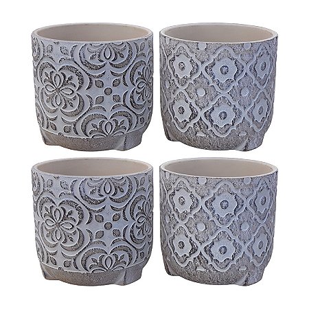 Jogo Com 4 Vasos Rustico Flores em Cerâmica