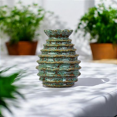 Vaso Redondo Flor Azul em Cerâmica