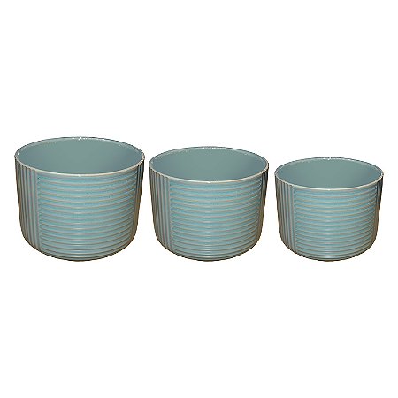 Jogo com Três Vasos Linhas Verde em Cerâmica