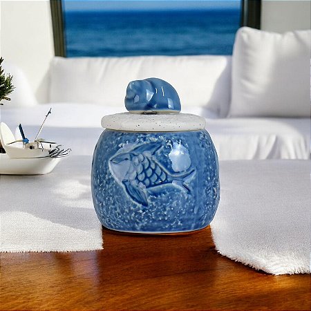 Pote Azul Concha Turbo em Cerâmica