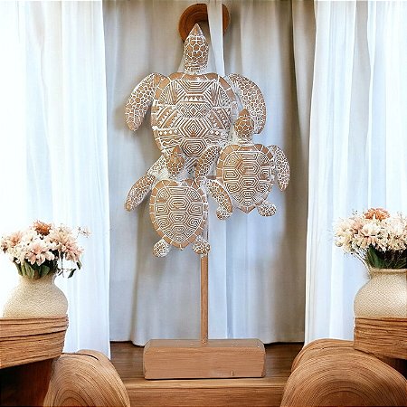 Enfeite Pedestal Tartaruga Tripla em Resina