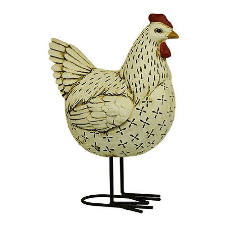 Enfeite Galinha Branco com Pé de Ferro em Resina