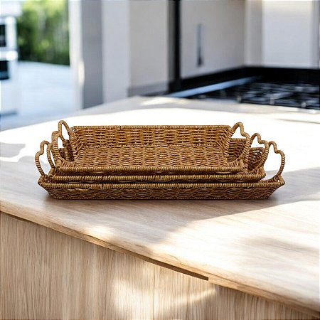 Jogo com Três Bandejas Trançadas Com Alça em Rattan Artificial