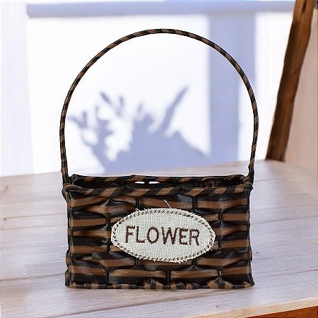 Cesta Quadrada Flower Marrom em Rattan Artificial