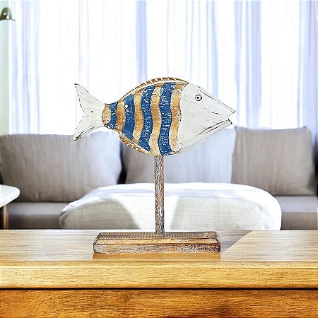 Enfeite Peixe Onda Azul e Branco em Madeira Pequeno