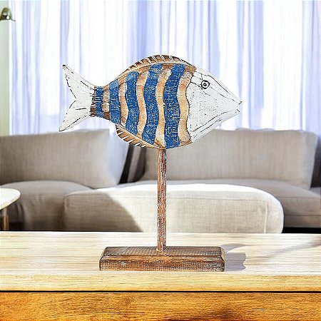 Enfeite Peixe Onda Azul e Branco em Madeira Médio
