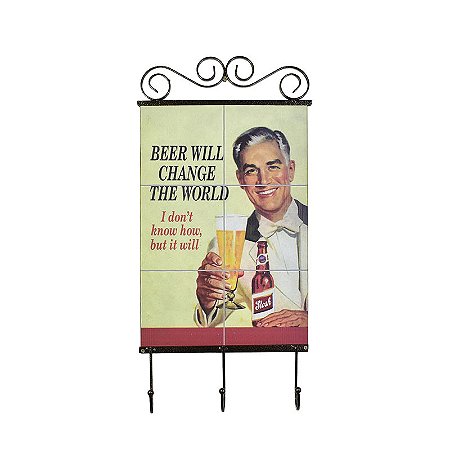 Cabideiro Placa Beer Change em Madeira e Metal