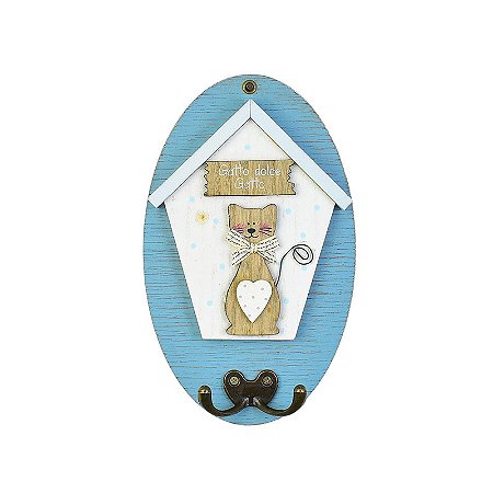 Cabideiro Casa Azul Gato em Madeira