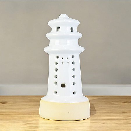 Porta Velas Farol Grande Branco e Bege em Cerâmica