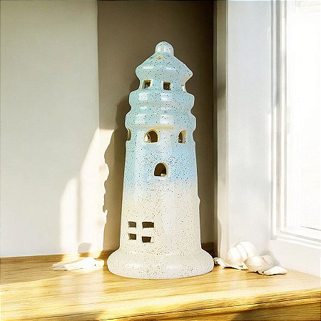 Porta Velas Farol Médio Azul e Branco em Cerâmica