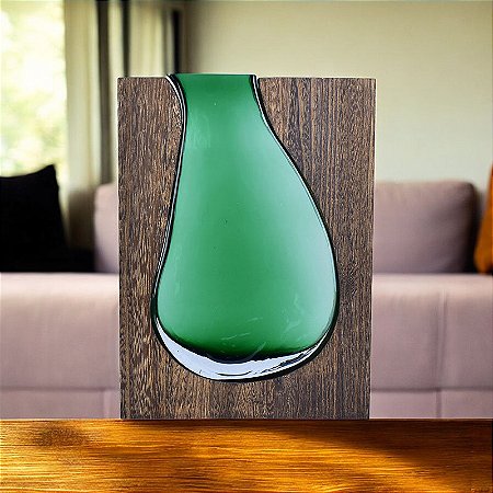 Vaso Retangular de Madeira e Vidro Marrom e Verde