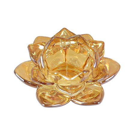 Porta Velas Flor de Lotus Dourada em Vidro