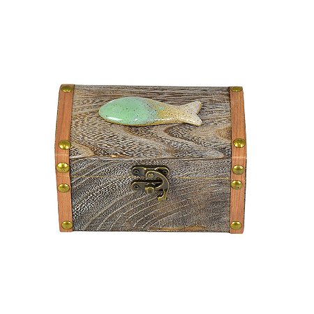 Porta Objetos Bau Cinza com Peixe M em Madeira