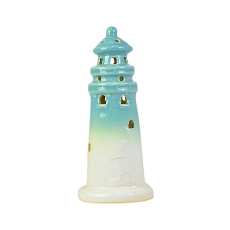 Porta Velas Médio Branco e Azul em Cerâmica