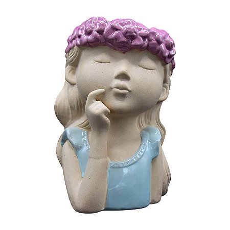 Vaso Menina Olhos Fechado Azul Rosa