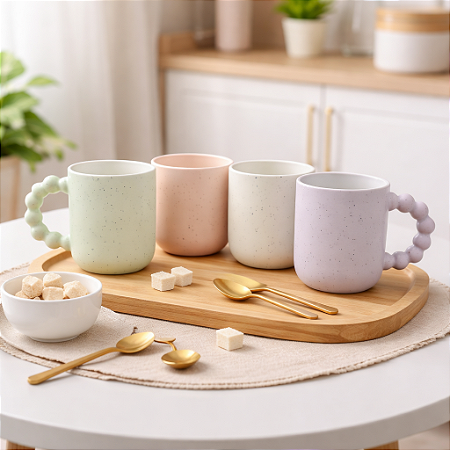 JG c/4 Xícaras Cerâmica Cabo Em Bolinhas