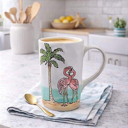 Xícara Cerâmica Branca Com Flamingos