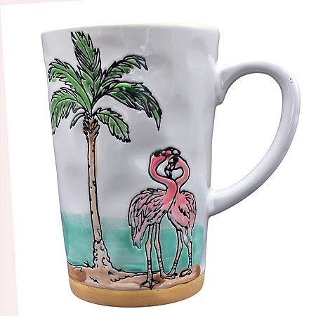 Xícara Cerâmica Branca Com Flamingos