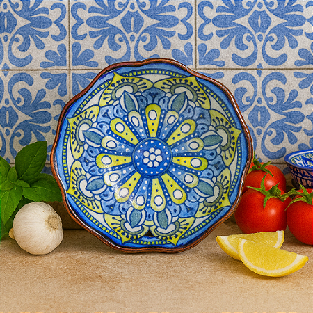 Molheira De Cerâmica Formato Petalas Azul/Amarelo