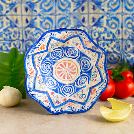 Molheira De Cerâmica Formato Petalas Azul/Laranja