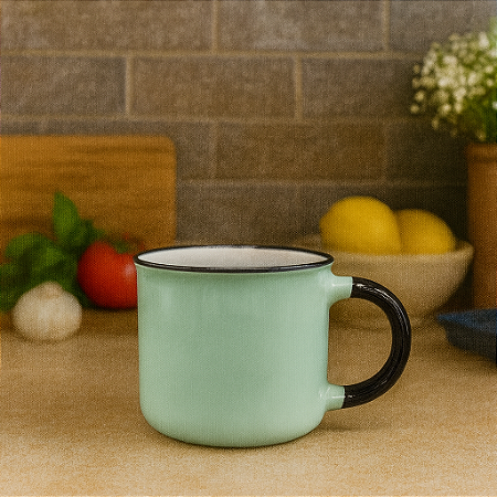 Xícara Cerâmica Verde Com Cabo Preto