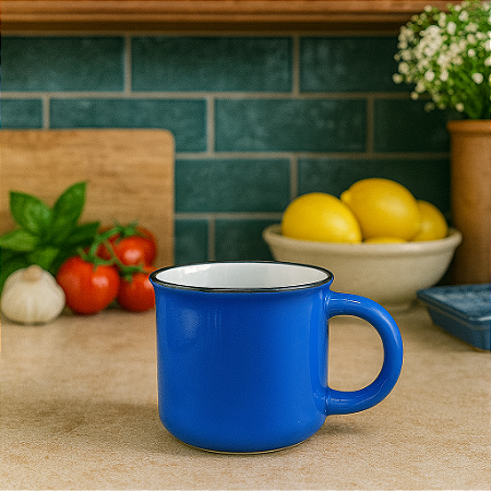 Xícara Cerâmica Com Borda Azul Escuro