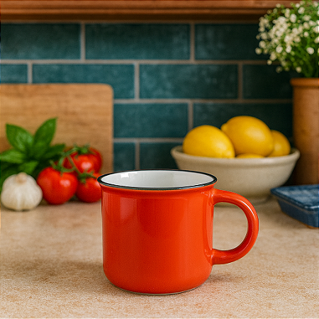 Xícara Cerâmica Com Borda Vermelha