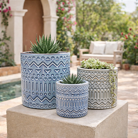 Kit De Vaso Cerâmica 3Pcs Azul Formas