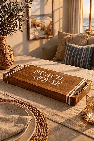Bandeja de Madeira com Alça Dourada em Acabamento Rústico Côte d’Azur