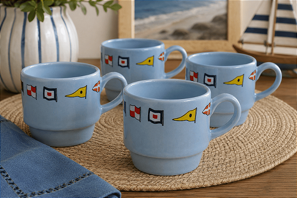 Caneca Náutica Signal Blue em Cerâmica 4pçs