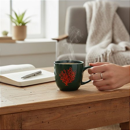 Caneca Coral Verde Escuro em Cerâmica