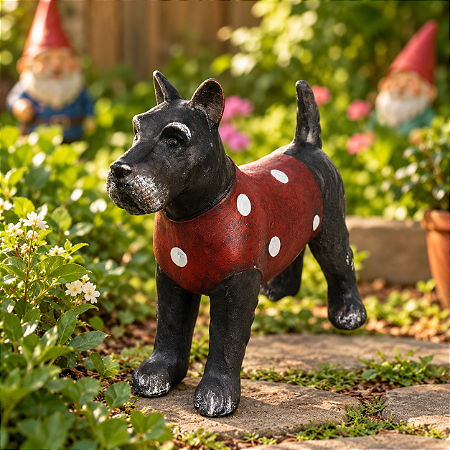 Escultura Cachorro com Roupa Vermelha de Bolinhas