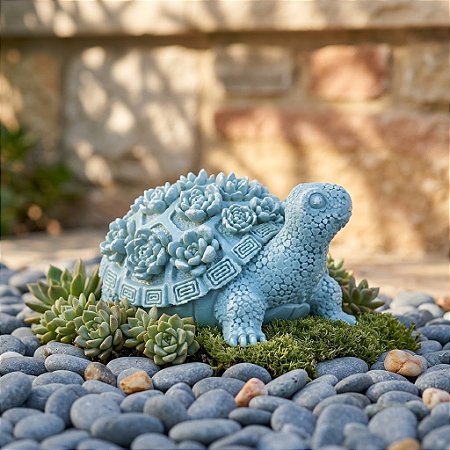 Enfeite Decorativo Tartaruga Azul com Flores em Relevo