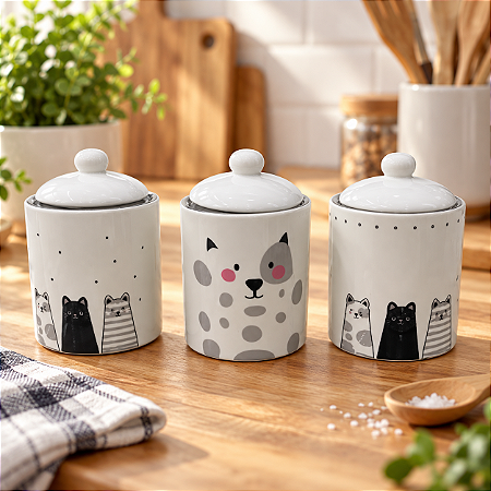 Conjunto com 3 Potes Gatinho com Tampa