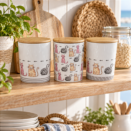 Conjunto com 3 Potes Decorativos Gatinhos