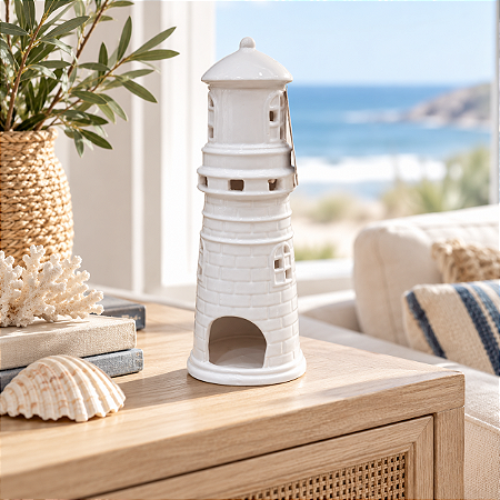 Enfeite Decorativo Farol Branco em Cerâmica