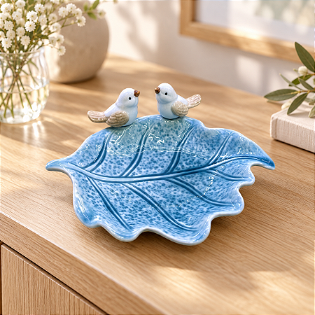 Enfeite Decorativo Folha Azul com Pássaros