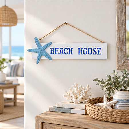 Placa Decorativa Beach House com Estrela-do-Mar