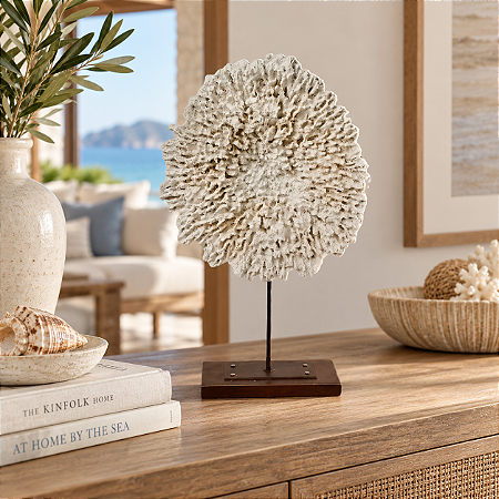 Pedestal Decorativo Coral Branco com Base Marrom