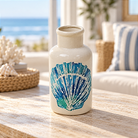 Vaso de Cerâmica Estampado com Concha Pérola Azul