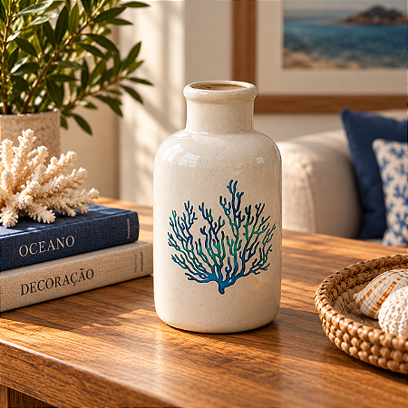 Vaso de Cerâmica Estampado com Coral Azul