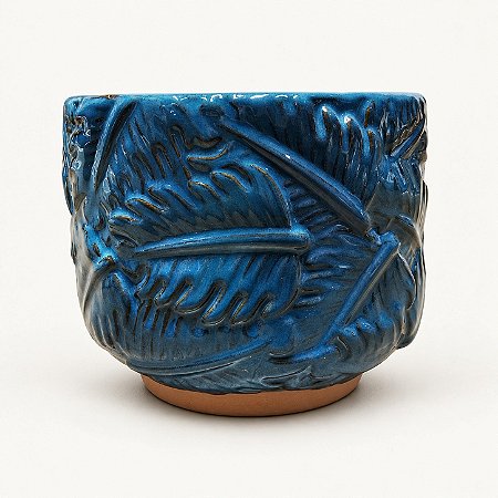 Cachepô Decorativo com Folhagens em Relevo Azul
