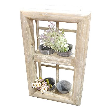 Suporte em Madeira com 4 Vasos em Metal Janela