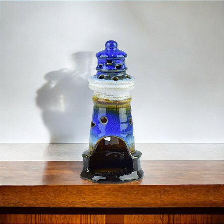 Farol Porta Velas Ocean Azul em Cerâmica