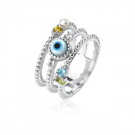 Anel Olho Grego de Prata 925 e Zircônia