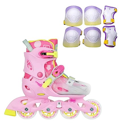Patins Cosmo Candy Infantil Ajustável Rosa + Kit de Proteção