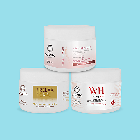 CRONOGRAMA CAPILAR, RECUPERAÇÃO DE CABELOS DANIFICADOS E PARA CACHEADOS (MÁSCARA RELAX 300GR, MÁSCARA WHEY 300GR, MÁSCARA DEEP 300GR)